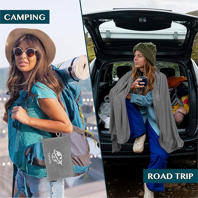 PAVILIA Soft Travel Blanket, Compact Airplane Blanket in Bag, Portable Blanket Pillow Set, Lightweight and Packable Plane Flight Car Trips Travel Home Office Gift Accessories, Gray, 65x40 inches