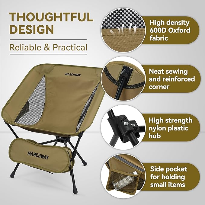 MARCHWAY Lightweight Folding Camping Chair, Portable Foldable Compact for Outdoor Camp, Travel, Beach, Picnic, Festival, Hiking, Backpacking, Supports 330Lbs (Khaki)