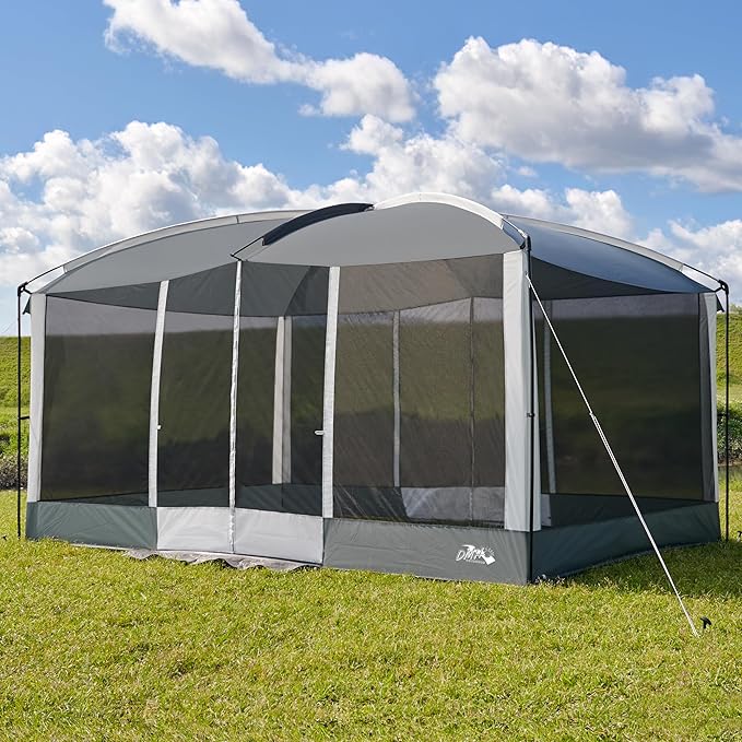 Screen House Tent 13x9ft Screen Room Mesh Gazebos w/ 2 Magnetic Doors, Included Projection Screen, Camping Tent Screened Canopy Shelter for Outdoor Patios Backyards Activities (Gray)