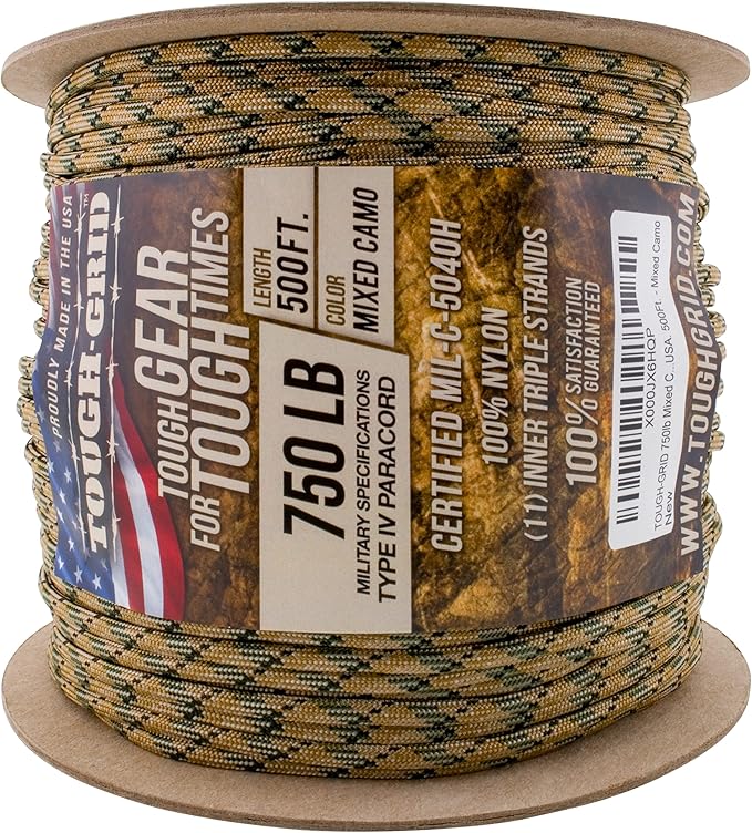 TOUGH-GRID Paracord Rope 750 lbs Nylon Parachute Cord, Made in USA Survival Kit, Outdoor Adventures, Camping, Tactical Gear & Emergency Supplies, Military Type IV Mil-Spec
