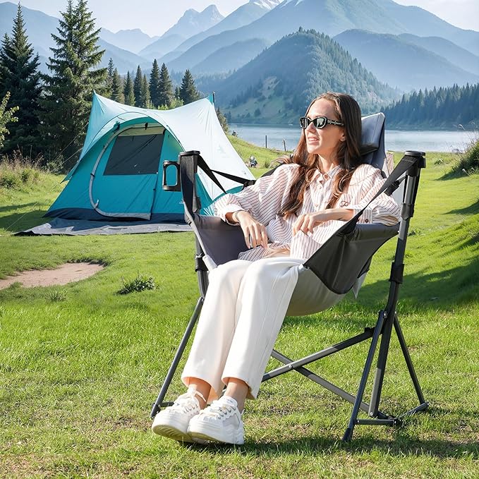 Hammock Camping Chair, 3 Heights Swinging Chair with Adjustable Backrest, Folding Rocking Chair with Head Pillow&Cup Holder, Outdoor Chair for Camping and Hiking, Supports 350lbs, Grey