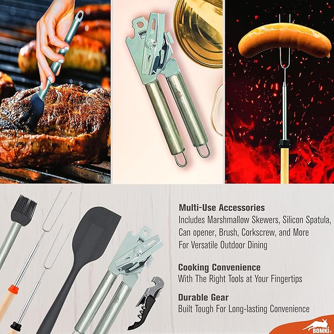 BOMKI Grilling and Camping Cooking Utensils Set for The Outdoors BBQ - Camping Utensil Set Kitchen Set Cookware Accessories Glamping Essentials Camp Stuff Camp Cooking Set (Black Pro)