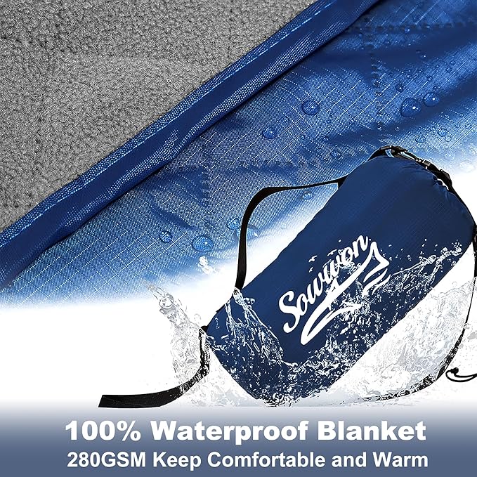 Waterproof Outdoor Blanket 82”X 55” Packable, Stadium Blankets for Camping with Quilted Fleece Lining, Large Windproof Emergency Throw Mat for Garss Picnic Hiking Road Trip, Machine Washable, Navy