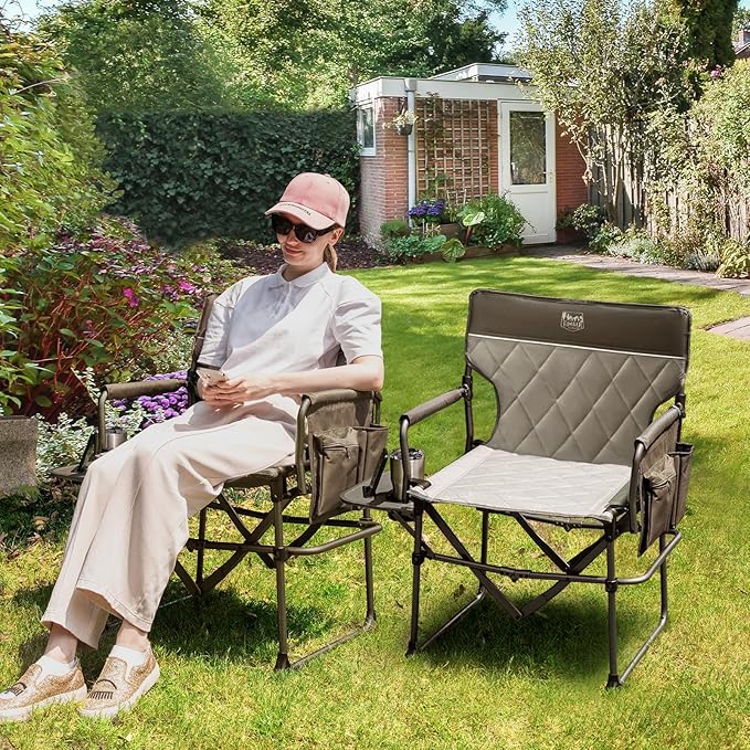 Timber Ridge Aluminum Camping Directors Chair with Side Table Pocket, Portable Folding Chair, Heavy Duty Lawn Chair for Fishing Trip Picnic Concert Outdoor 400lbs, Tan