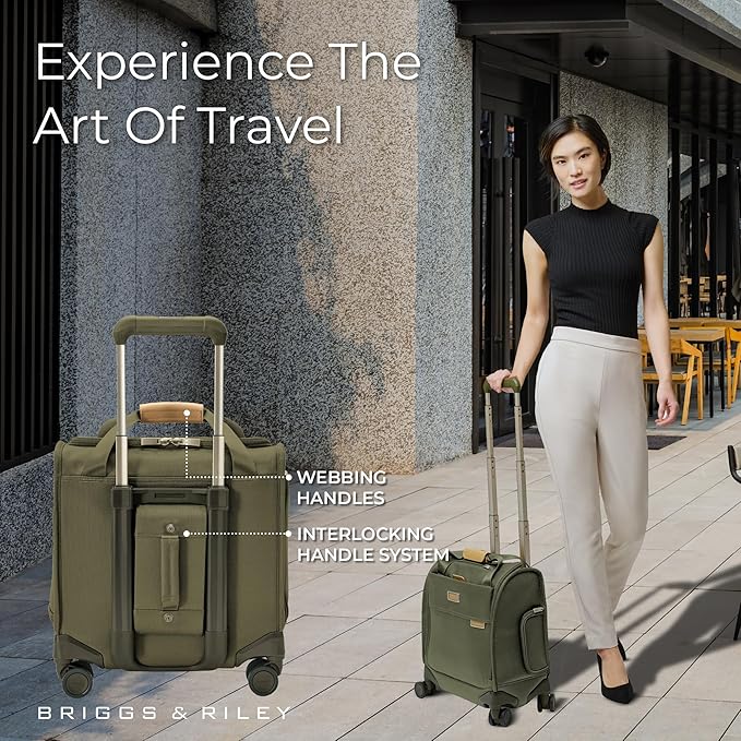 Briggs & Riley Cabin Spinner - Carry On Luggage for Travel, Suitcases with Wheels, Softside Rolling Bag for Men & Women, Fits Under Plane Seat, Interlocking Handle - Baseline Collection, Olive