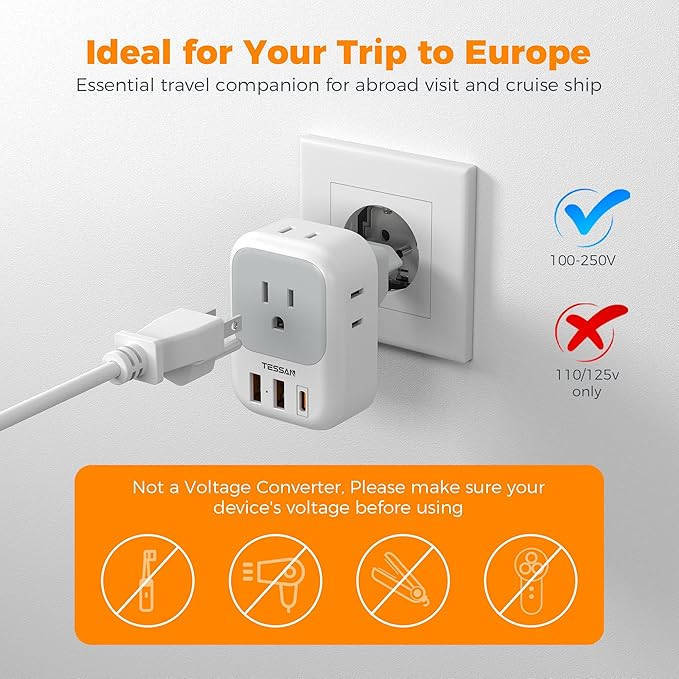TESSAN European Travel Plug Adapter 2 Packs, Type C Europe Adaptor Foldable Plug 4 Outlets 3 USB(1 USB C PD 20W), US to Spain France Italy Germany Denmark Iceland European Travel Must Haves