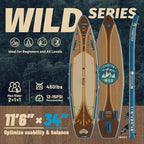 Wild 11'×36"/11'6"×34"/12'6"×33" Inflatable Paddle Board with Seat, One-Stop Premium SUP Board Gears, Tailored 5 Fins, Stable Inflatable Stand Up Paddle Boards for Youth/Adults of All Levels