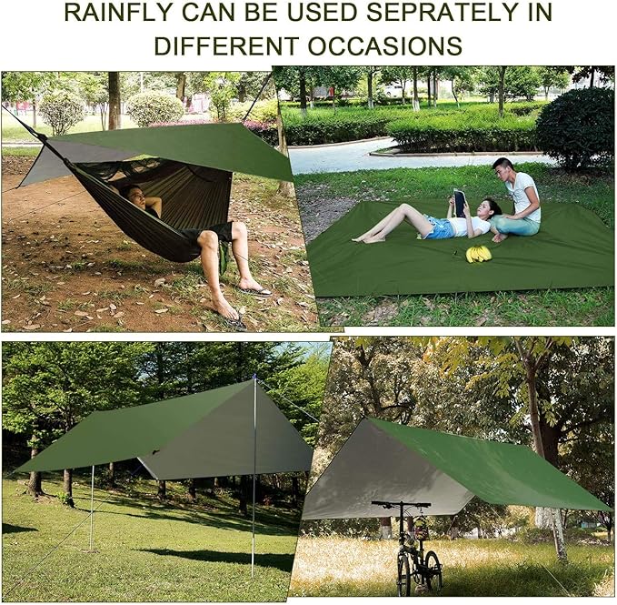 Camping Hammock with Rain Fly Tarp and Mosquito Net Tent Tree Straps, Portable Single Double Nylon Parachute Hammock Rainfly Set for Backpacking Hiking Travel Yard Outdoor Activities Green