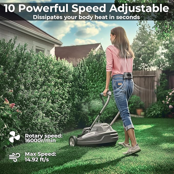 Portable Waist Fan, 20000mAh Battery Operated, Clip On Belt & Rechargeable, 10 Speeds 16000RPM Strong Airflow, Max 40H Working Time, Personal Shirt Fan for Outdoor Jobsite Camping Travel