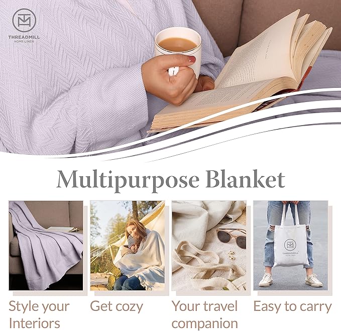 Threadmill Luxury Cotton Blankets for King Size Bed | All-Season Cozy 100% Cotton King Size Blanket | Herringbone Soft Fall Thermal Blanket fits California King Size Bed, 106x92 | Lilac