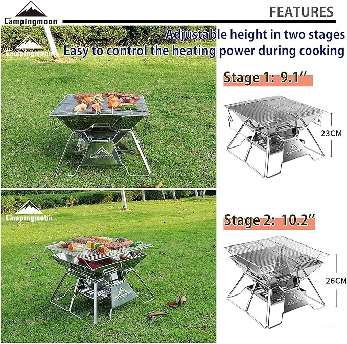 CAMPINGMOON Stainless Steel Foldable Camping Grills Portable Wood Burning Charcoal Grill 14-inch with Carrying Bag MT-2