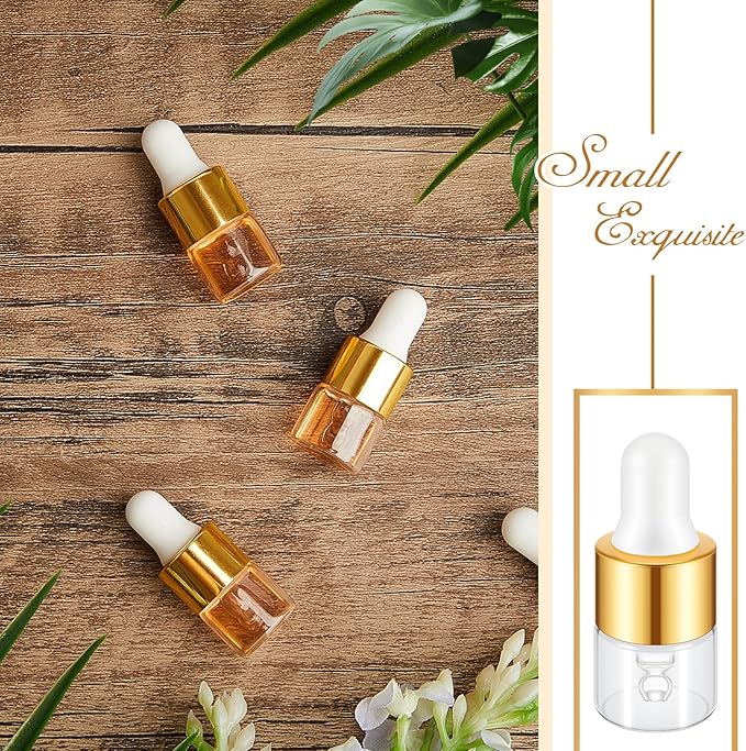 100 Pcs Mini Glass Oil Dropper Bottle Bulk, Clear Essential Small Empty Bottles Sample Containers Perfume Liquid Vials with Cap for Traveling (1 ml,Gold)