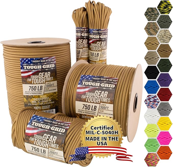 TOUGH-GRID Paracord Rope 750 lbs Nylon Parachute Cord, Made in USA Survival Kit, Outdoor Adventures, Camping, Tactical Gear & Emergency Supplies, Military Type IV Mil-Spec