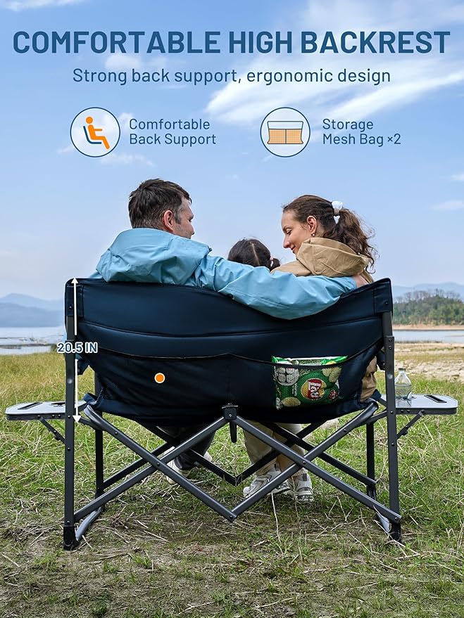 TIMBER RIDGE Double Camping Chair Portable Loveseat, Heavy Duty Folding Camp Couch 2 Person Director Chairs with Cup Holder for Outdoor Lawn Tailgates Picnic Sports Soccer Games Supports 600 lbs Blue