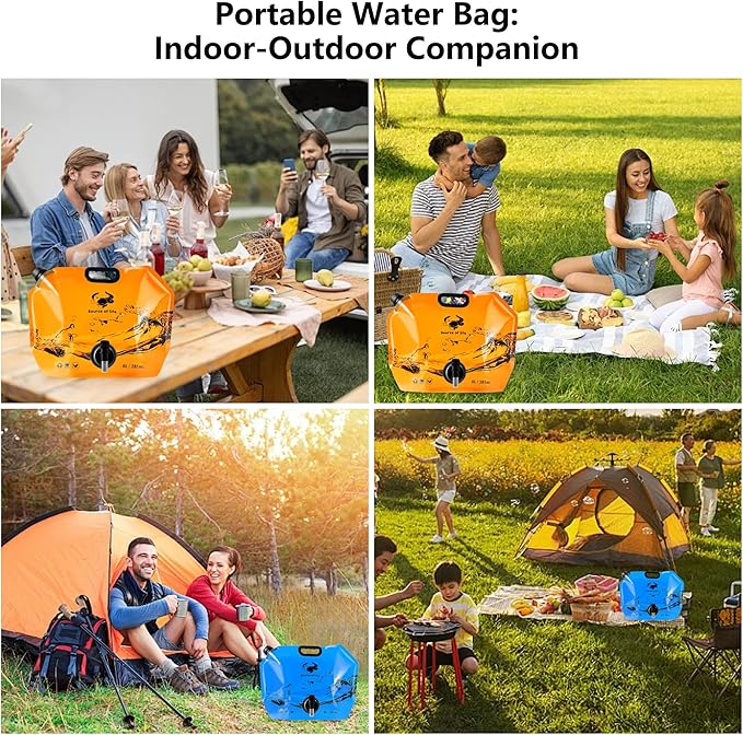 Collapsible 8L Water Storage Bag, BPA-Free Portable Folding Water Jug with Adjustable Faucet, Leakproof Emergency Water Bag for Camping, Hiking, Riding, Outdoor Sport (Blue & Orange 4)