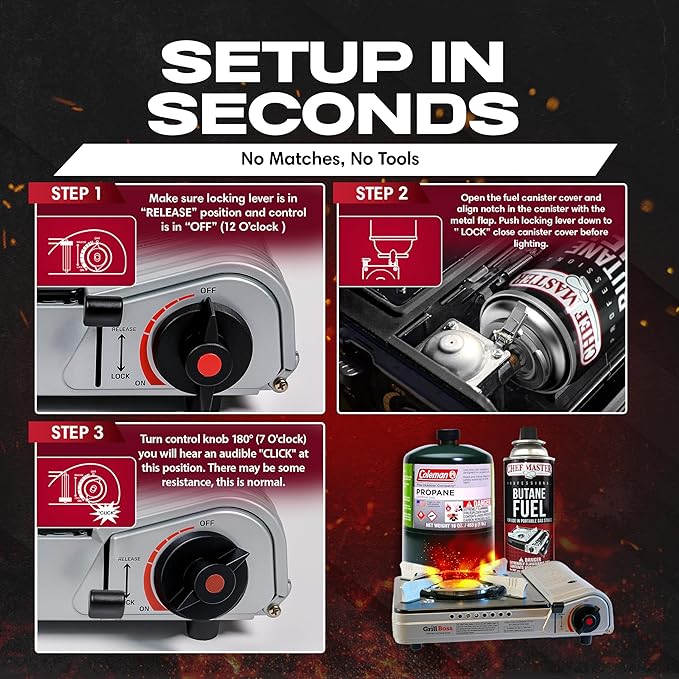 Grill Boss Dual Fuel Portable Stove, Dual Fuel Butane & Propane Stoves, 12K BTU Butane Camp Stove & Propane Portable Camping Stoves for Emergencies, Outdoor BBQ, Cooking, Hikings & Backpacking - 90057