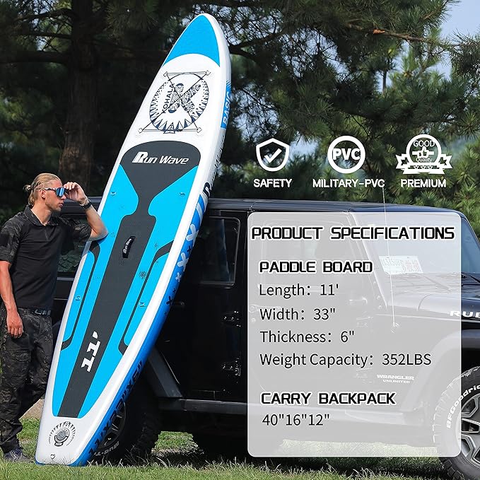 Inflatable Stand Up Paddle Board 11'×33''×6''(6'' Thick) Non-Slip Deck with Premium SUP Accessories | Wide Stance, Bottom Fins for Surfing Control | Youth Adults Beginner