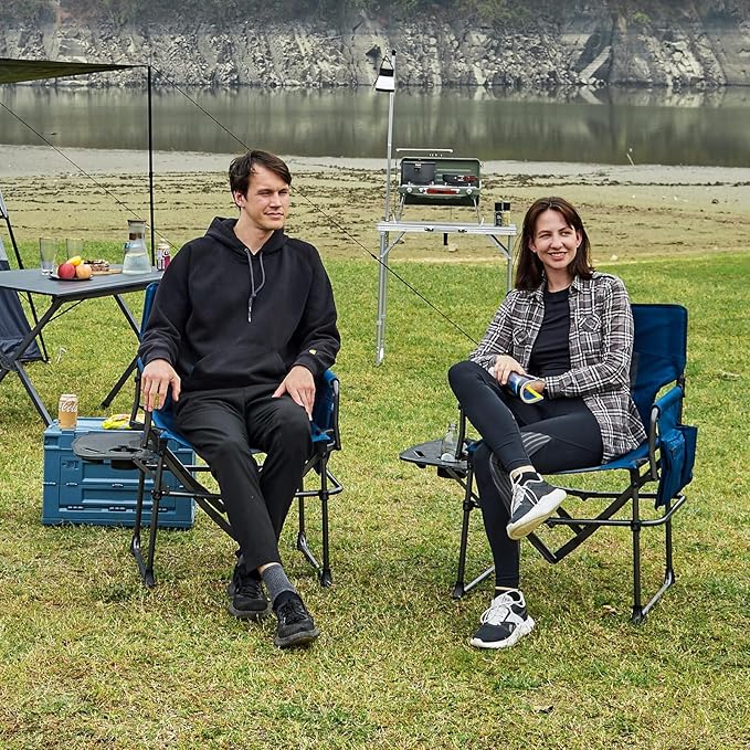 EVER ADVANCED Camping Directors' Chair with Side Table, Portable Folding Chair with Compact Size, Heavy Duty Lawn Chair with Pocket for Camping, Lawn, Sports and Fishing, 400lbs, Blue 2 Pack