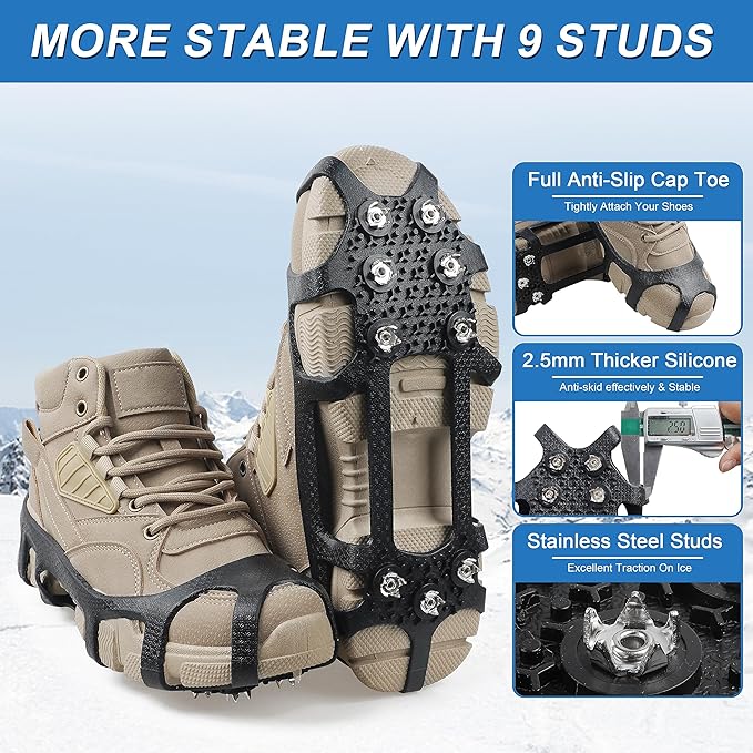 Crampons Ice Cleats for Shoes and Boots Traction Snow Cleats with 9 Studs Snow Cleats Chains Non Slip Rubber Crampons for Hiking Boots Men Women Ice Snow Winter Walking Climbing Fishing