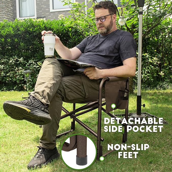 TIMBER RIDGE Aluminum Oversized Camping Chair, Lightweight Portable Directors Chair with Side Table Detachable Side Pocket for Outdoor Camping, Lawn, Picnic, Support 400lbs Tan