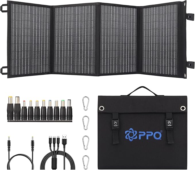 PPQ 40W Portable Solar Panel Kit 18V/2.2A,3lb Foldable Briefcase Solar Charger w/ 24% Efficiency,2 Cables & 14 Outputs for All Phones, Pads, Camping Power Banks, IP67 Waterproof