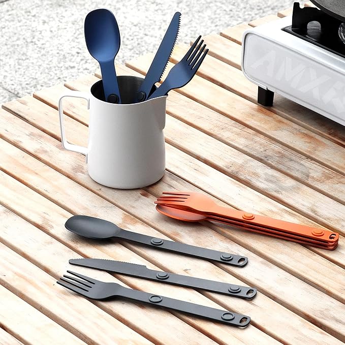 Magnetic Camping Utensils Set, Portable & Reusable Metal Travel Flatware, Camping Cutlery Set, Knife, Fork & Spoon, 3-PACK, Orange