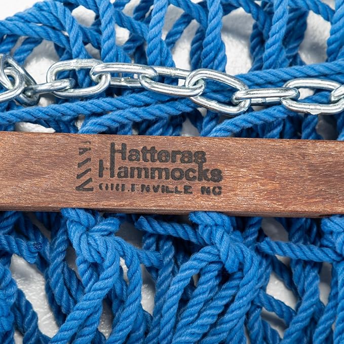 Hatteras Hammocks Deluxe Coastal Blue Duracord Rope Hammock with Free Extension Chains & Tree Hooks, Handcrafted in The USA, 450 LB Weight Capacity, 13 ft. x 60 in
