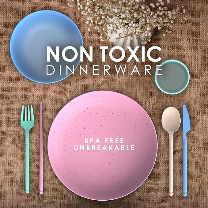 WheatStraw Dinnerware Sets for 4 - Alternate To Plastic Dishes - Dishwasher Safe Microwave Plates - Unbreakable Dinnerware Set - Wheat Straw Dishes - Lightweight Camping Plates & RV Dishes