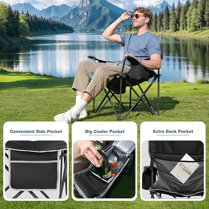 Oversized Folding Camping Chair, Heavy Duty Support 500LBS Outdoor Chair with Cup Holder Storage and Cooler Pouch, Collapsible Padded Arm Chair for Sports Garden Beach Fishing, Black