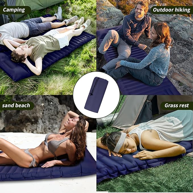40D Self-Inflating Camping Pad, Insulated Ultralight Sleeping Mat for Backpacking, Winter Camping, 2-Layer Anti-Leak Design w/Built-in Pillow, Foot Pump Foldable Pad, Navy Blue