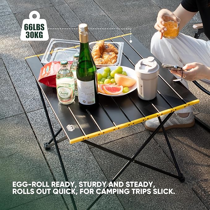 Portable Folding Camping Table, Large Compact Aluminum Beach Picnic Table, Lightweight Collapsible Outdoor Camp Tables That Folds & Rolls Up, Beach Gear Essentials Camp Accessories, Black