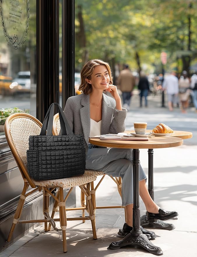 Yarnic Large Puffer Tote Bag for Women, Puffy Shoulder Handbag Quilted Tote Bag with 7 Pockets for Travel Work Gym