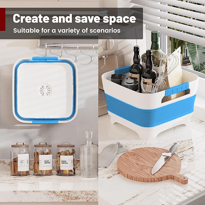 2.4 Gal Collapsbile Wash Basin with Drian Plug,9L Dish Pan for Soaking Baby Bottles,Portable Sink, Multiuse Foldable Bucket,Ice Beverage Tubs for Camping, Vegetable Washing, RV (Blue)