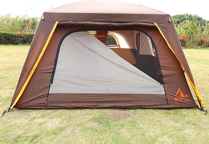 KTT Large Family Cabin Tent 10-12 Person,14.1X10X6.58ft,2 Rooms,3 Storage Pockets,2 Bay-Windows 3 Doors and 3 Windows with Mesh,Straight Wall,Waterproof,Double Layer,Big Tent for Outdoor,Camping