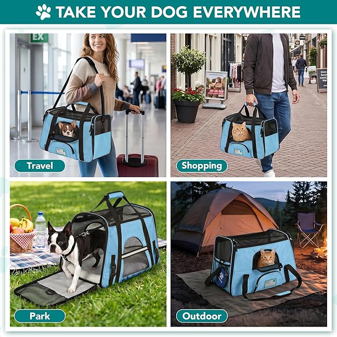 PetAmi Airline Approved Pet Carrier for Cats & Small Dogs, Soft Sided TSA Travel Carrier Bag with Sherpa Bed, Breathable Mesh Ventilation, Collapsible Bowl, Fits Under Seat, Up to 18 lbs, Small Blue