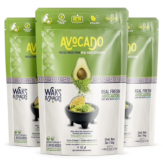 WAKS & SNACKS Freeze-Dried Avocado | 100% Fresh Hass Avocados, Perfect for Toast | Energizes Camping & Hiking Meals | Lightweight, Vegan, Gluten-Free | 2 Avocados | 2 oz, 3-Pack