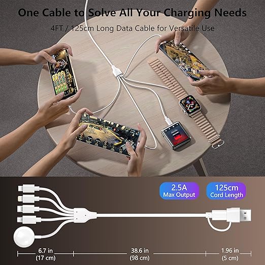 5-in-2 Multi Charging Cable for Apple Watch Charger: USB A/C Input, Lightning/Type C/Micro/Mini B/Wireless Output, for iPhone 15-13, iWatch 1-9, Galaxy S23-22, 4FT- Fast Charge- White