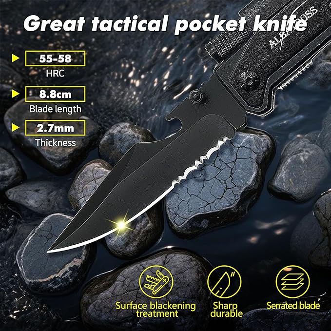 7-in-1 Tactical Survival Knife - Glass Breaker, Seatbelt Cutter, Serrated Steel Blade, Firestarter, LED Flashlight, Bottle Opener & Pouch | Military, Emergency, Outdoor Rescue Gear (Black)