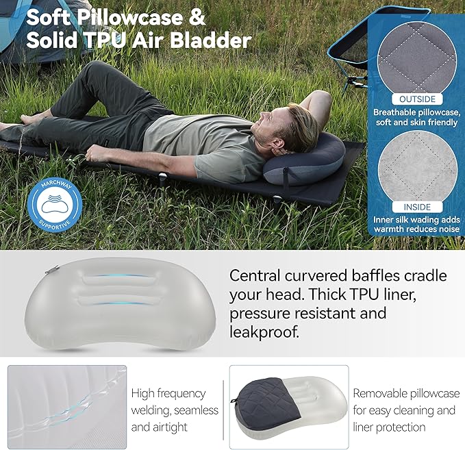 MARCHWAY Ultralight Inflatable Camping Pillow with Soft Washable Cover, Compact Compressible Portable Travel Air Pillow for Outdoor Camp, Sport, Hiking, Backpacking Sleep (Grey)