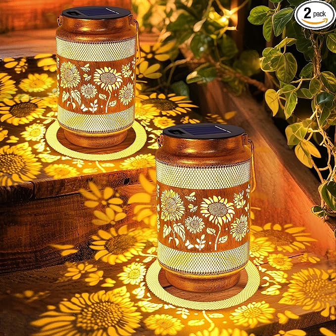 2 Pack Solar Lanterns Outdoor Waterproof Garden Decor, Birthday Gifts for Women Mom Grandma, Metal Sunflower Hanging Solar Lights for Outside Yard Patio Pathway Backyard Porch