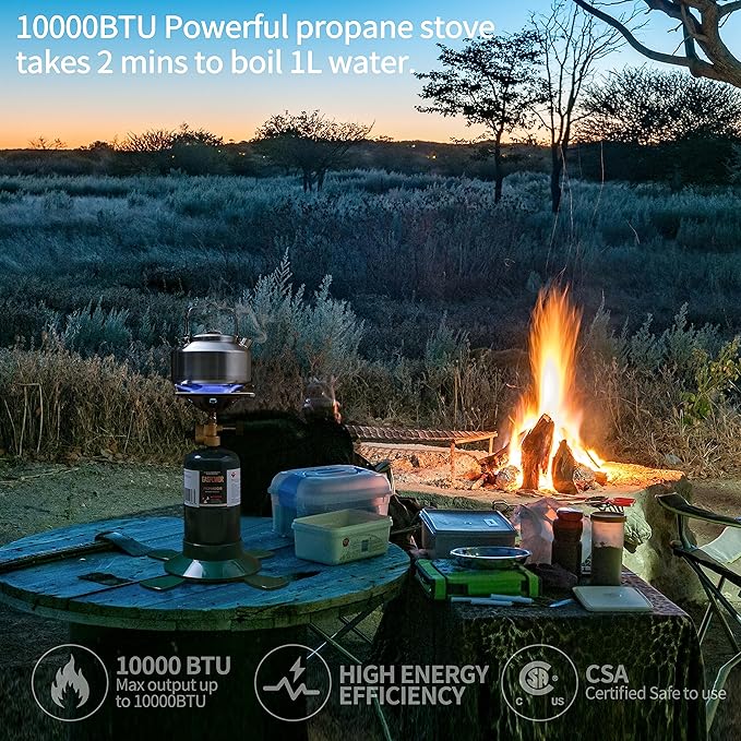 Propane Cylinder Top Stove with Adjustable Burner, Portable Camping/Backpacking Cooker 10000BTU,Camping Stove Propane,Single Burner Propane Stove,Camp Gas Stove with a USB Ligther (Fuel not included)