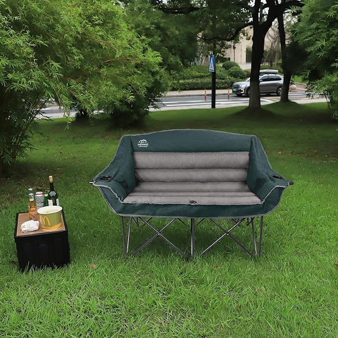 Fully Padded Folding Double Camping Chairs,Comfy Oversized Loveseat Lawn Chair w/Wine Glass Holder,Cup Holder,Heavy Duty Outdoor Portable Camp Couch Support 600 Lbs,Dark Green