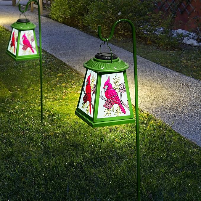 Solar Lantern with Shepherd Hook, Cardinal Hanging Solar Lantern Light, Outdoor Waterproof Glass Lanterns Metal Decorative for Garden Patio Yard Pathway, Gifts for Mom Women, Cardinal