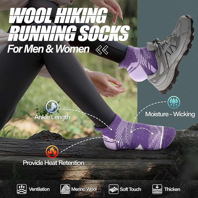 ANTSANG 6 Pairs Merino Wool Ankle Hiking Running Socks Compression Thick Cushion Breathable No Show Socks for Men Women