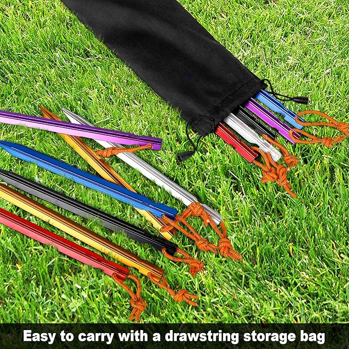 12 Pack Tent Stakes, 7075 Ground Metal Camping Aluminum Tent Pegs, Lightweight Tent Stakes Heavy Duty Spikes Camping Accessories