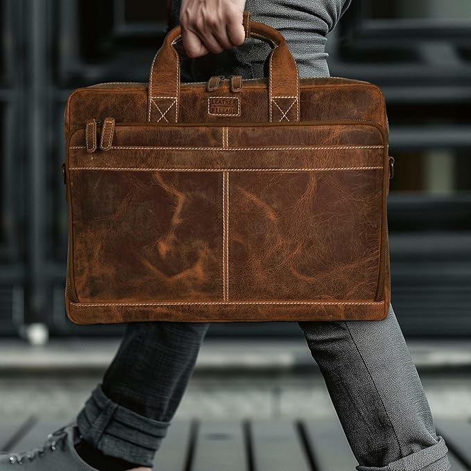LEATHER VILLAGE 18" Leather Laptop Messenger Briefcase Bag for Men-Leather Satchel for Travel and Office Shoulder Bag- Sun Tan Brown