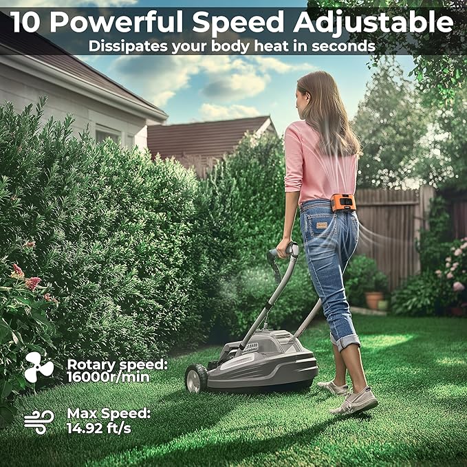 Portable Waist Fan, 20000mAh Battery Operated, Clip On Belt & Rechargeable, 10 Speeds 16000RPM Strong Airflow, Max 40H Working Time, Personal Shirt Fan for Outdoor Jobsite Camping Travel