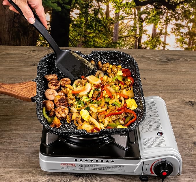 12,000 BTU Portable Butane Camping Stove with 4 x 8oz. Butane Fuel Canister Combo, Double Wind-Guard Portable Stove w/Carry Case for Road Trips, Camping, Tailgating & Emergencies by Chef Master 90235