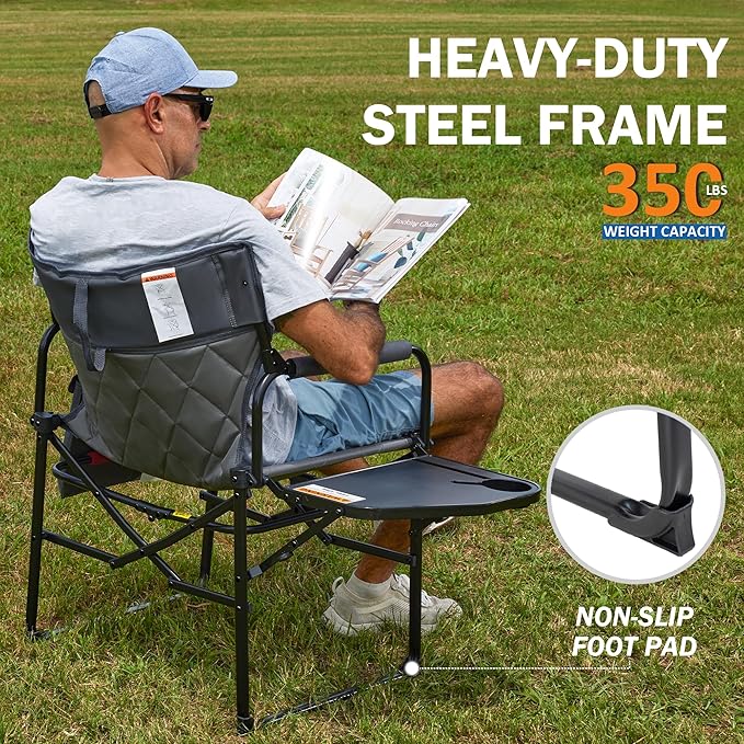 Oversized Directors Chairs Heavy Duty Folding Outdoor Chairs with Detachable Side Pocket and Adjustable Side Table for Outside,Lawn,Fishing, Folding Camping Chair up to 350Lbs Capacity (Grey)