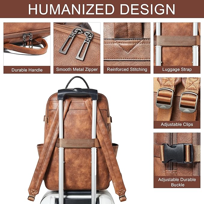 Travel Backpack for Women, Fits 17.0" Notebook, Stylish Lay-Flat Carry-on Vegan Leather Backpack with Luggage Strap for Travel and Daily Use